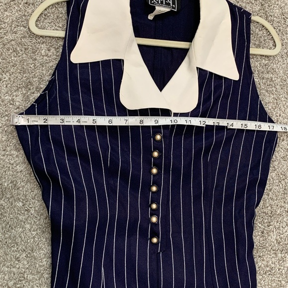 Vintage City Triangles Blue Striped Sleeveless Button Down Mini Dress - Picture 7 of 8